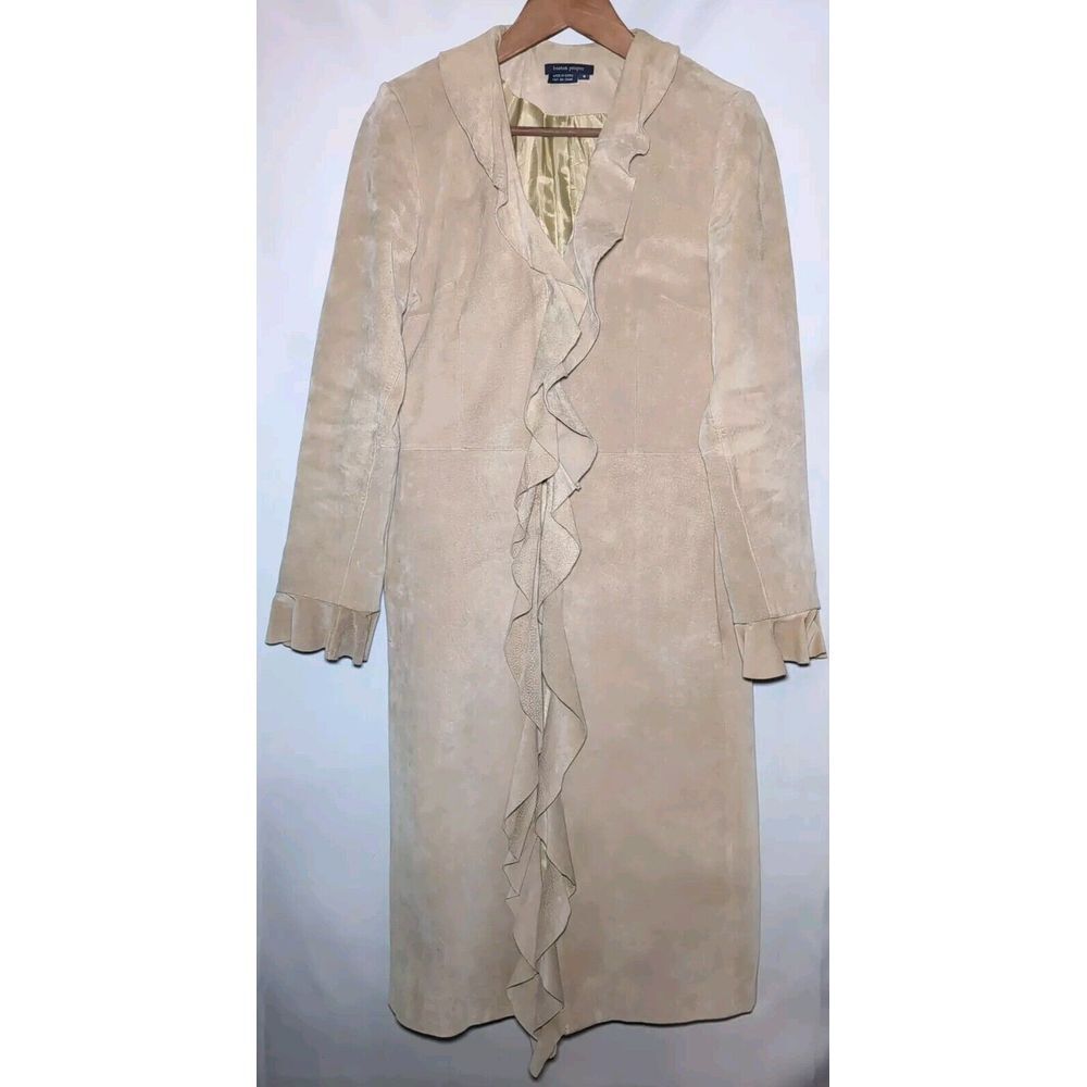 BOSTON PROPER 100% Leather Long Coat Jacket Ruffle Collar Neutral Tan Women's 4